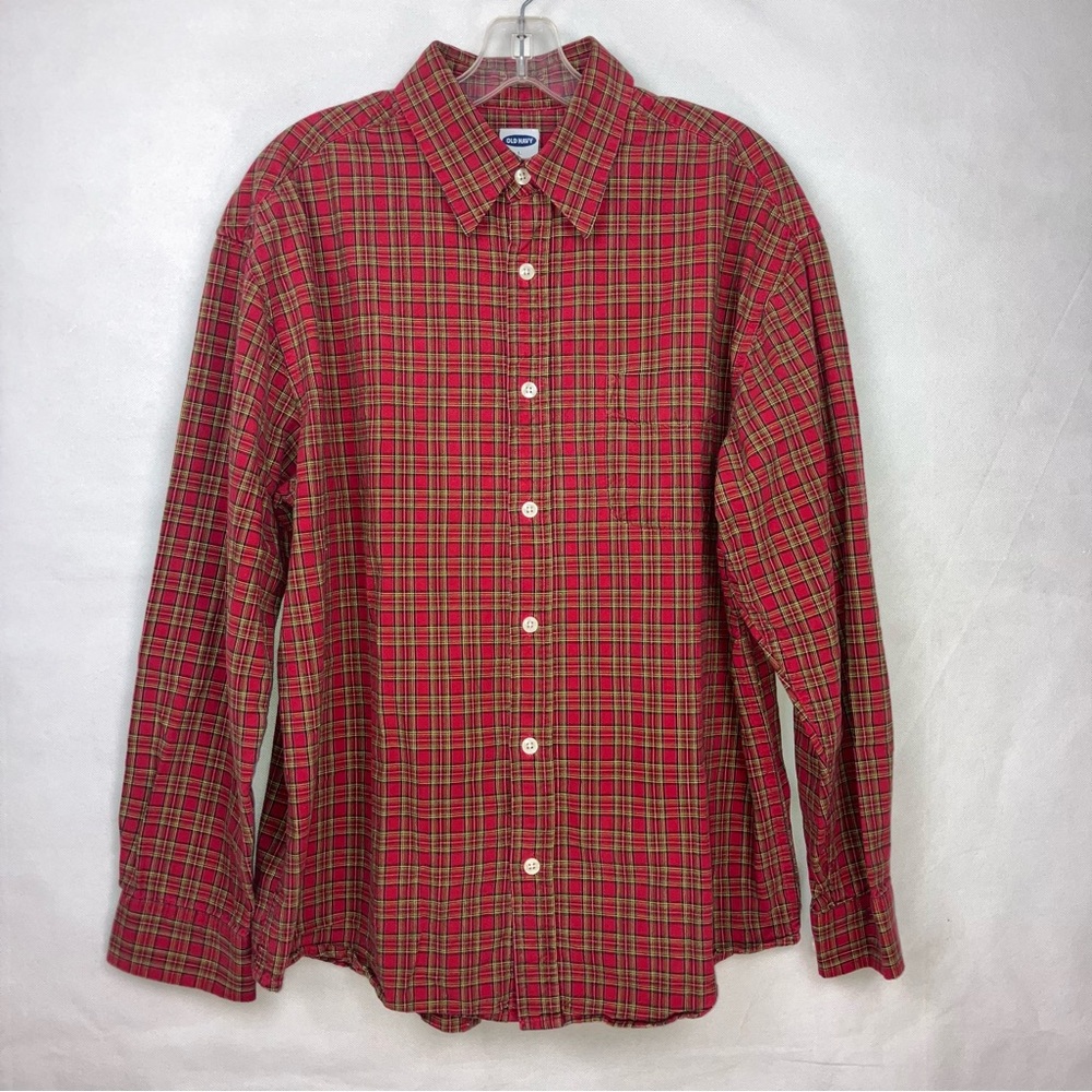 OLD NAVY Men's Size Large Classic Red Plaid Casual Button Up 100% Cotton Shirt
